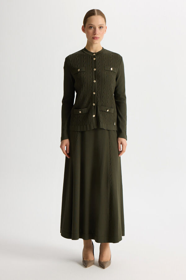 Örgü Teknikli Düz Renk Triko Etek Haki - 1