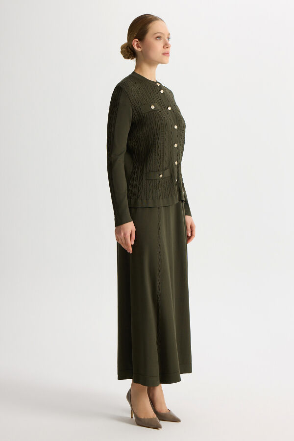 Örgü Teknikli Düz Renk Triko Etek Haki - 2