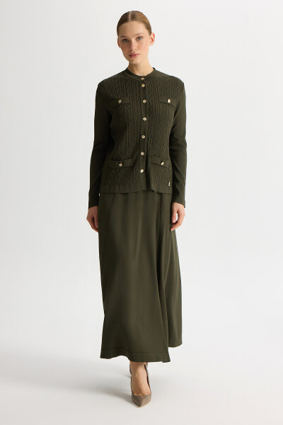 Örgü Teknikli Düz Renk Triko Etek Haki - 3