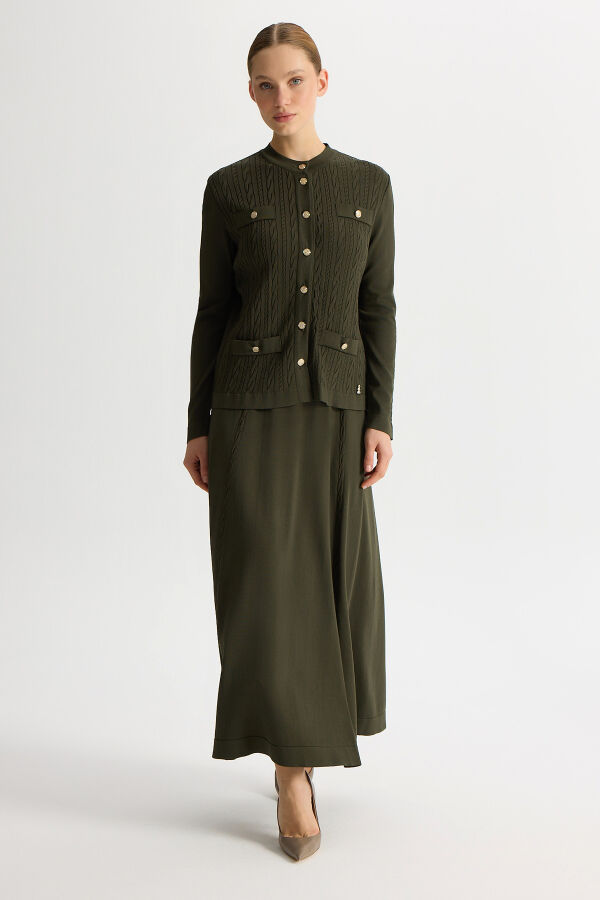 Örgü Teknikli Düz Renk Triko Etek Haki - 3