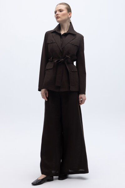 Pamuklu Kolsuz Yaka Gömlek Kahverengi 