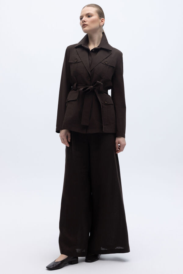 Pamuklu Kolsuz Yaka Gömlek Kahverengi - 1