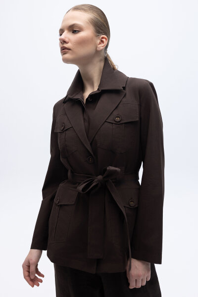 Pamuklu Kolsuz Yaka Gömlek Kahverengi - 2