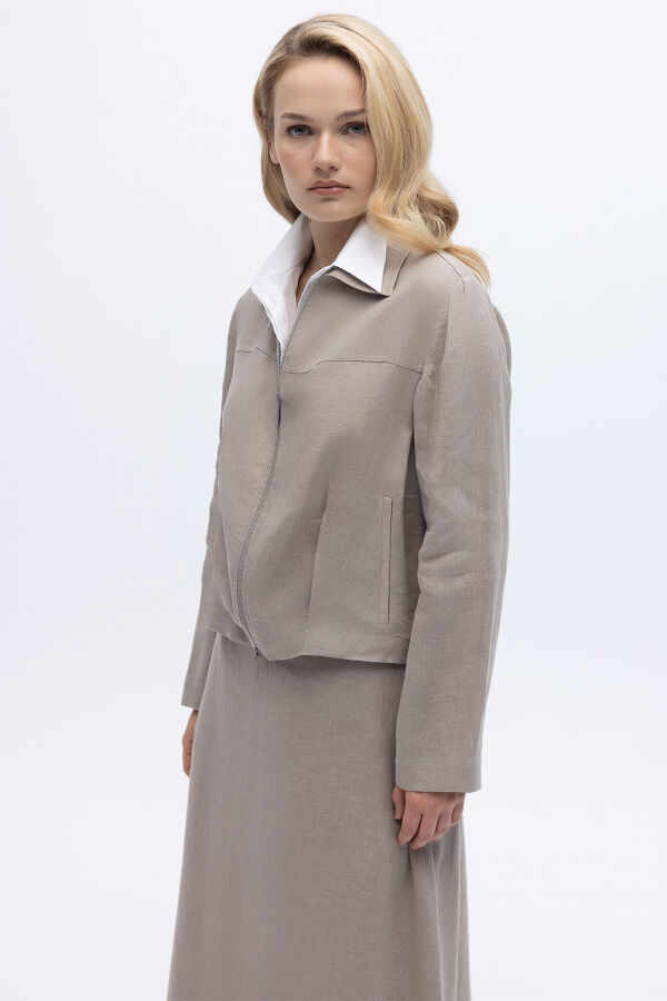 Pamuklu Kolsuz Yaka Gömlek Ekru - 2