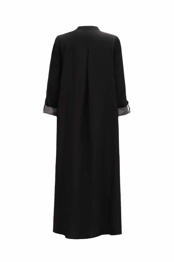 Patterned Detail Round Neck Long Linen Jacket - 6