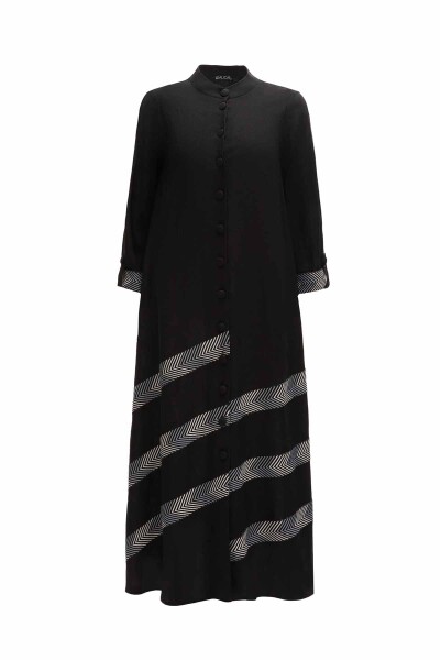 Patterned Detail Round Neck Long Linen Jacket - 5