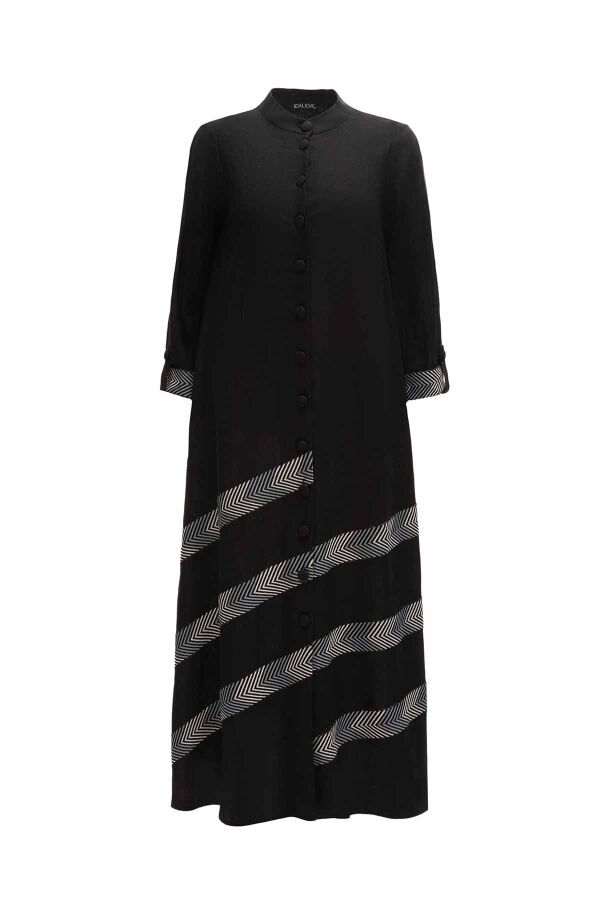Patterned Detail Round Neck Long Linen Jacket - 5