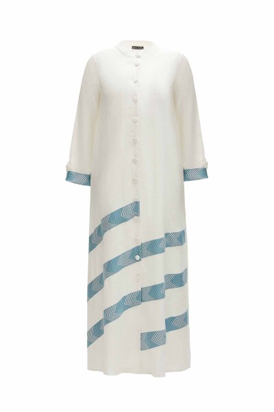 Patterned Detail Round Neck Long Linen Jacket - 7