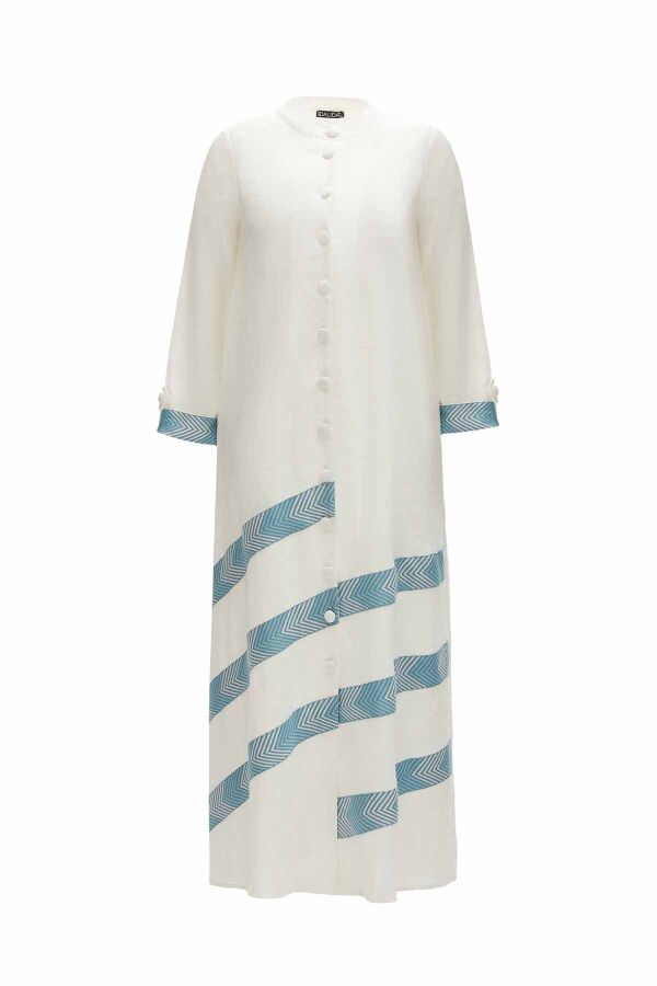 Patterned Detail Round Neck Long Linen Jacket - 7