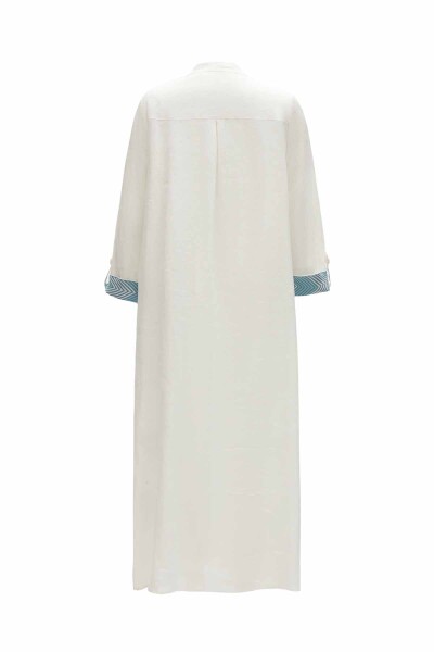 Patterned Detail Round Neck Long Linen Jacket - 8