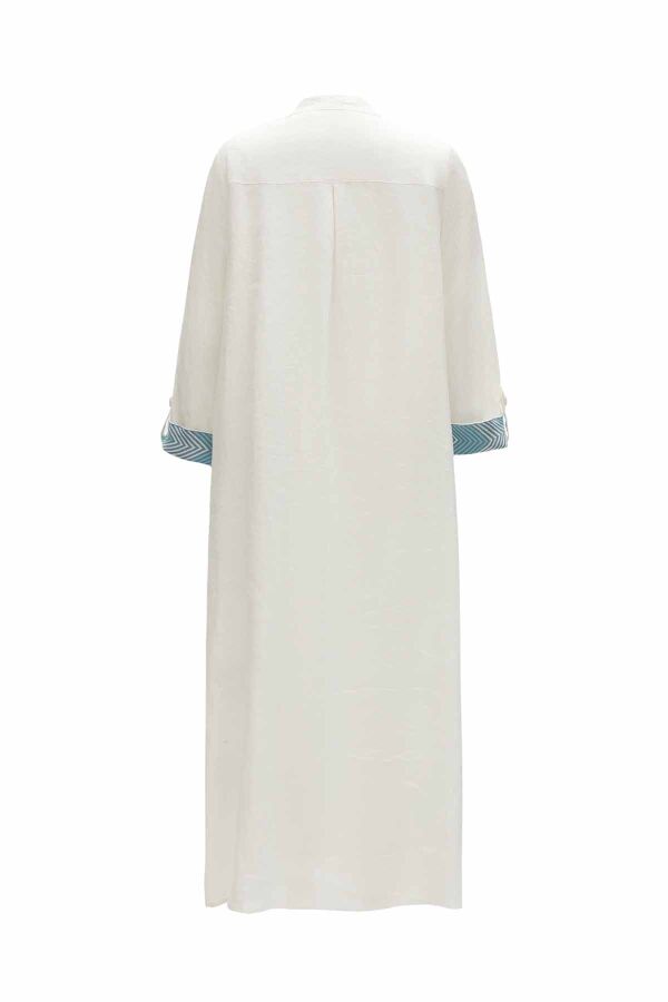 Patterned Detail Round Neck Long Linen Jacket - 8