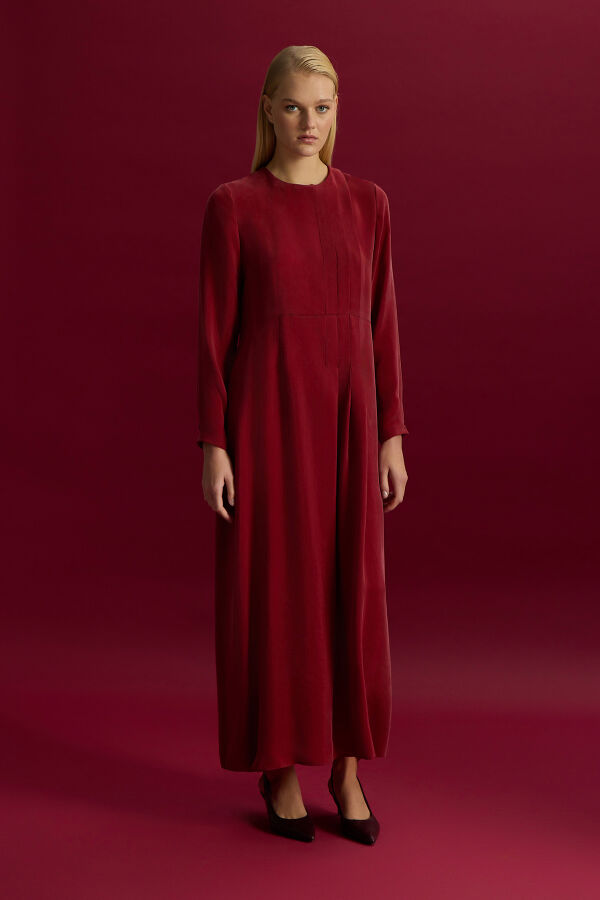 Pili Detaylı Düz Renk Cupro Elbise Cherry - 1
