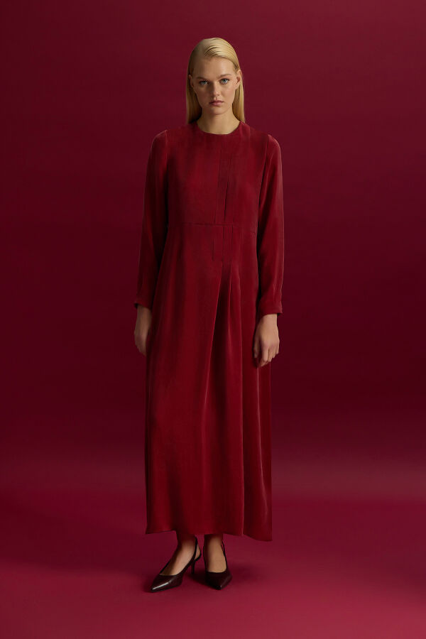 Pili Detaylı Düz Renk Cupro Elbise Cherry - 2