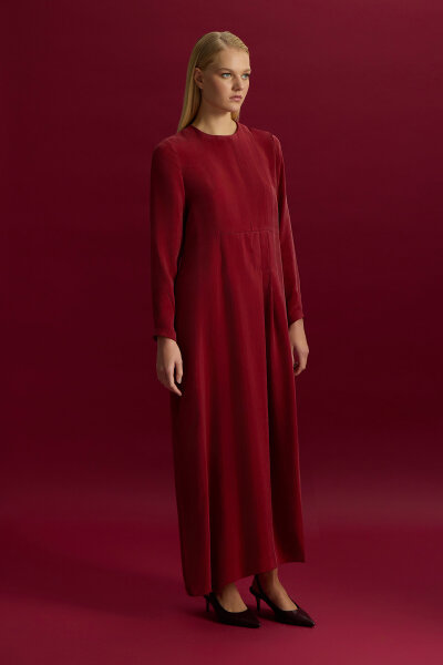 Pili Detaylı Düz Renk Cupro Elbise Cherry - 3