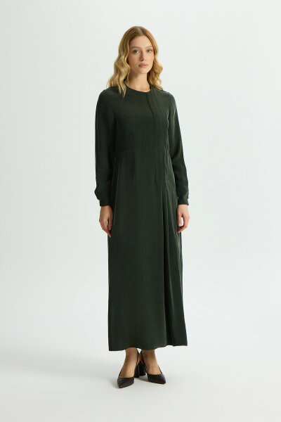 Pili Detaylı Düz Renk Cupro Elbise Haki - 2
