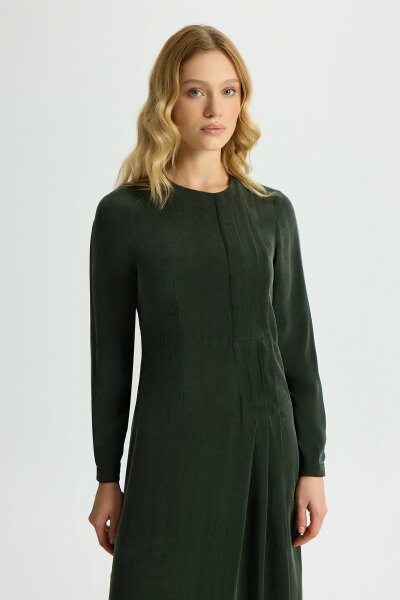 Pili Detaylı Düz Renk Cupro Elbise Haki - 3