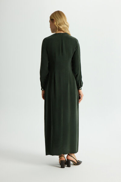 Pili Detaylı Düz Renk Cupro Elbise Haki - 4