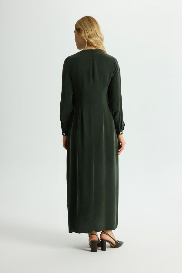 Pili Detaylı Düz Renk Cupro Elbise Haki - 4