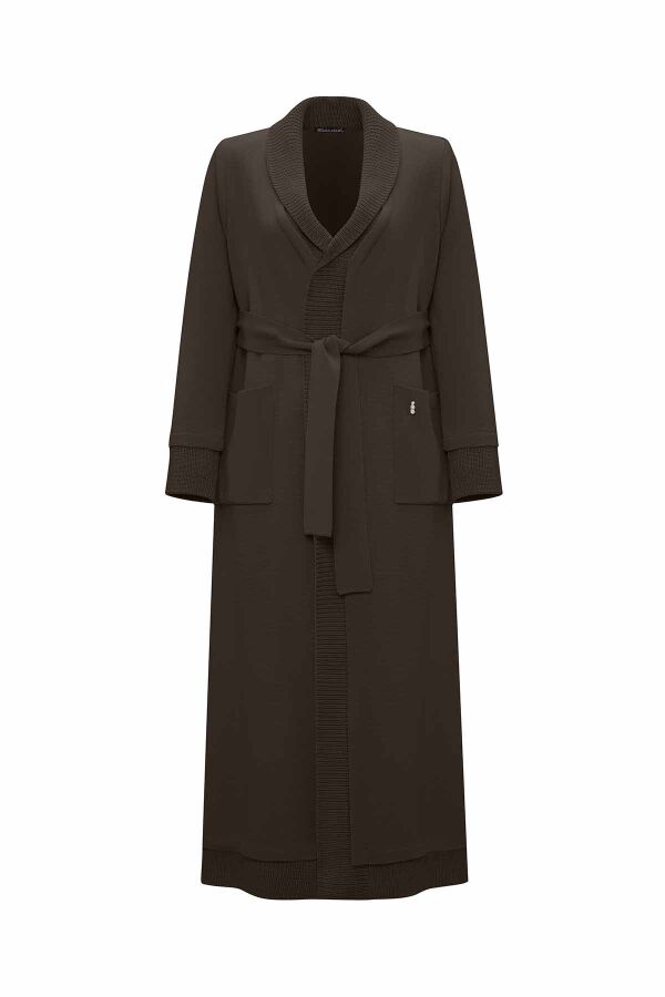 Plain Knit Cardigan with Thessaloniki Stitch – Brown - 1