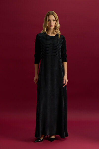 Plise Detaylı Düz Renk Cupro Elbise Siyah 