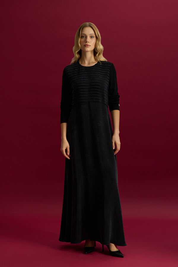 Plise Detaylı Düz Renk Cupro Elbise Siyah - 2