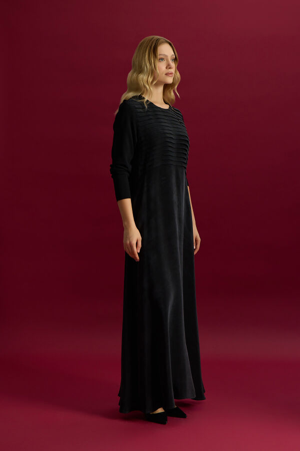 Plise Detaylı Düz Renk Cupro Elbise Siyah - 3