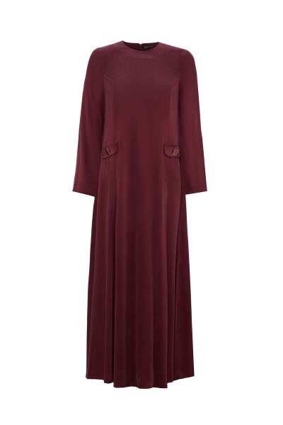 Pocket Detailed Plain Burgundy Dress - 1