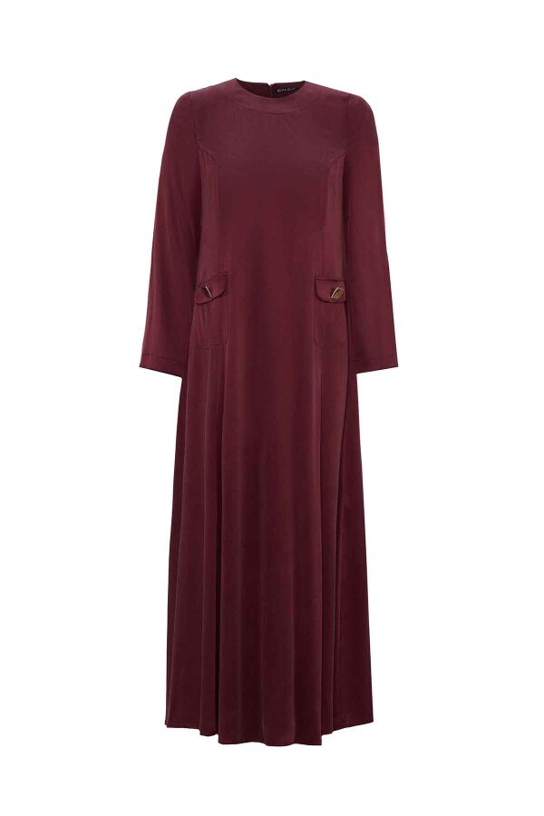 Pocket Detailed Plain Burgundy Dress - 1