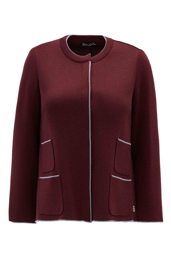 Pocketed Short Knitted Burgundy Jacket - 1