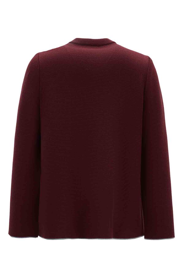 Pocketed Short Knitted Burgundy Jacket - 2