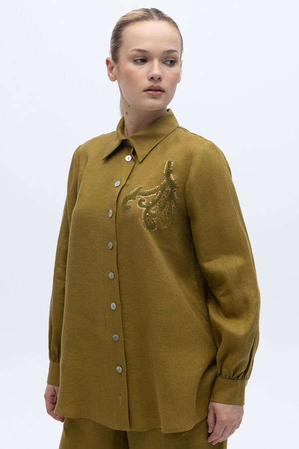 Pullu Nakışlı Keten Gömlek Amber - 1