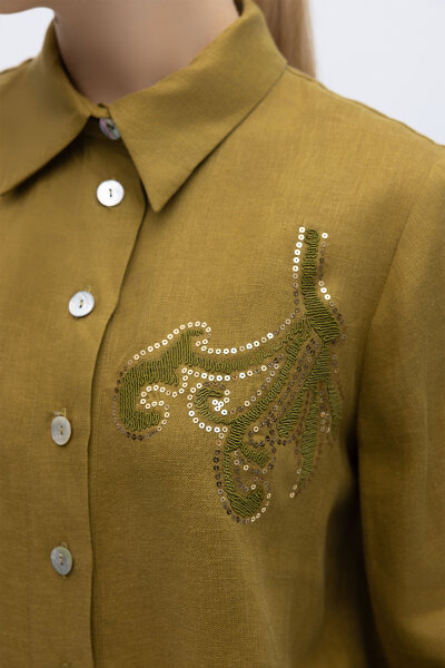 Pullu Nakışlı Keten Gömlek Amber - 2