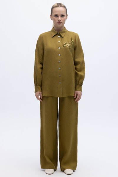 Pullu Nakışlı Keten Gömlek Amber - 4