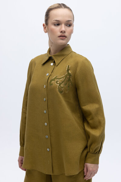 Pullu Nakışlı Keten Gömlek Amber - MISS DALIDA