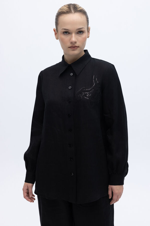 Pullu Nakışlı Keten Gömlek Siyah - 1