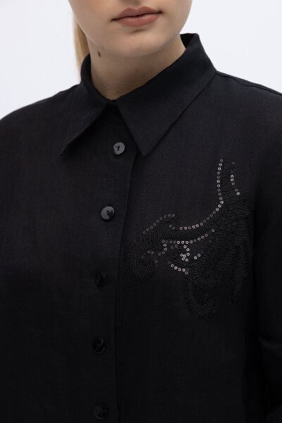 Pullu Nakışlı Keten Gömlek Siyah - 2
