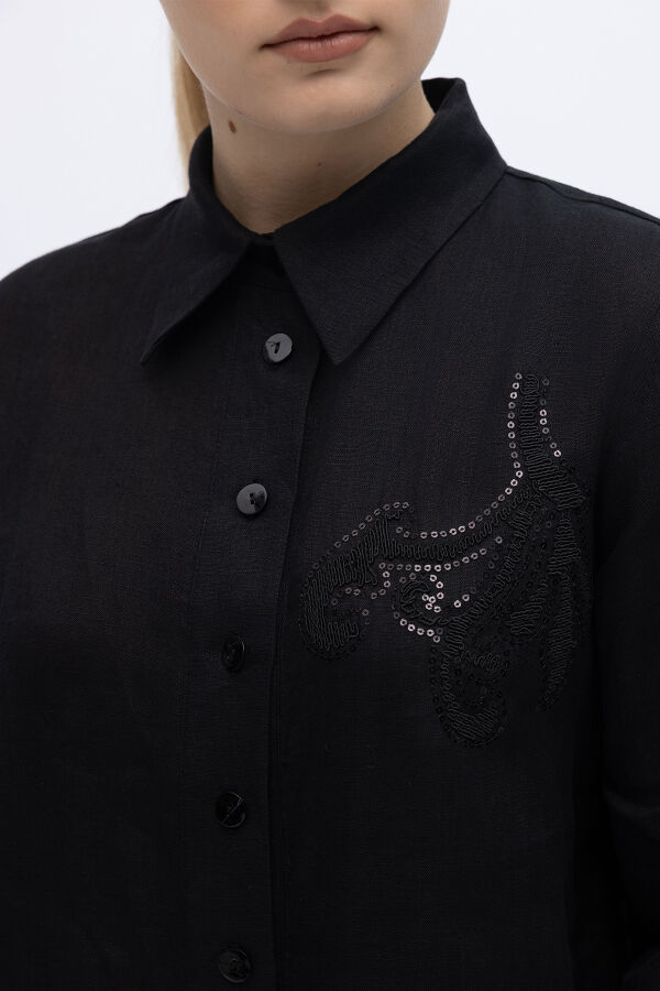 Pullu Nakışlı Keten Gömlek Siyah - 2
