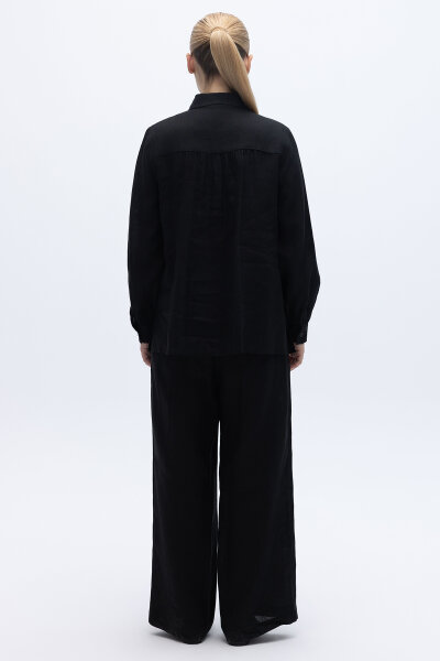 Pullu Nakışlı Keten Gömlek Siyah - 3