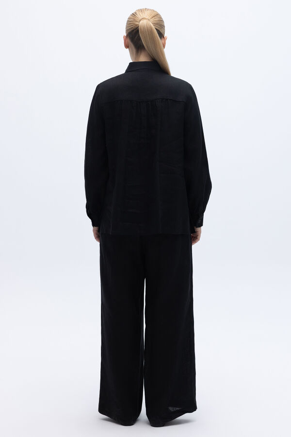 Pullu Nakışlı Keten Gömlek Siyah - 3