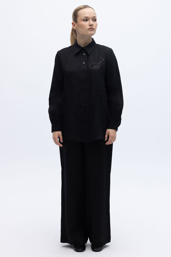 Pullu Nakışlı Keten Gömlek Siyah - 4