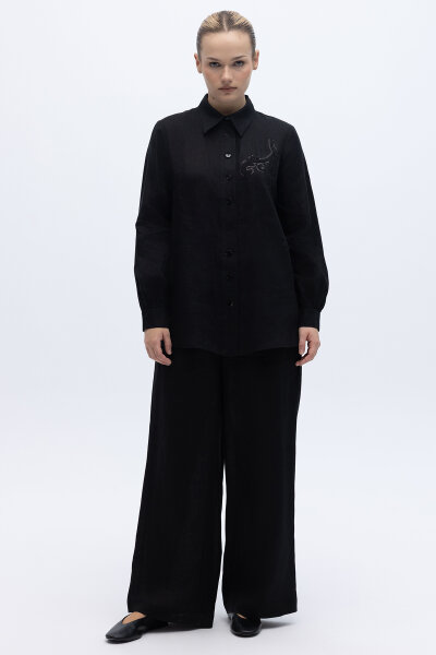 Pullu Nakışlı Keten Gömlek Siyah - 5