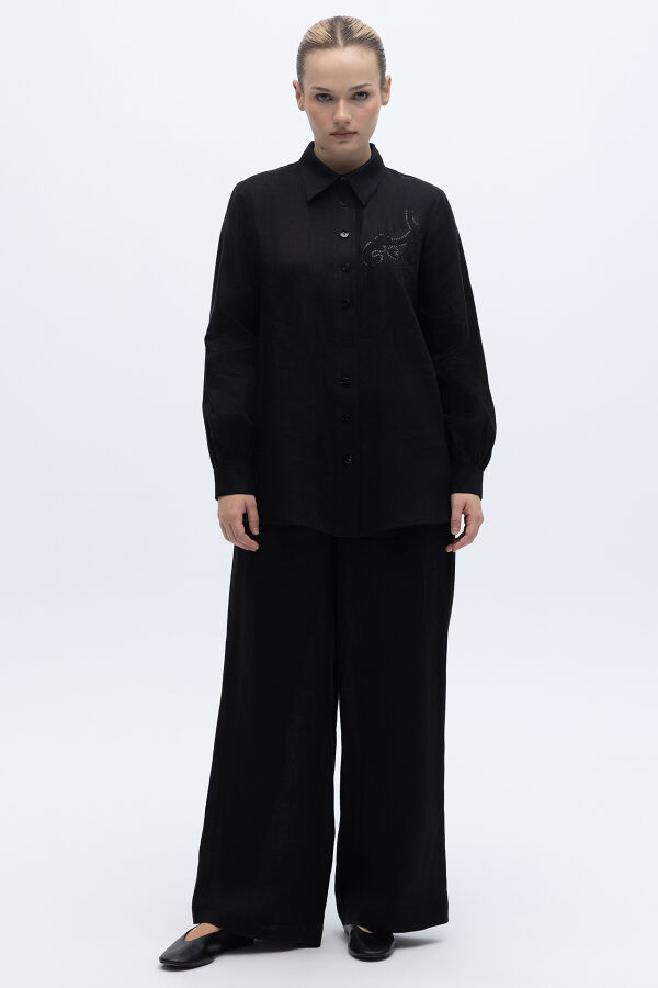 Pullu Nakışlı Keten Gömlek Siyah - 5