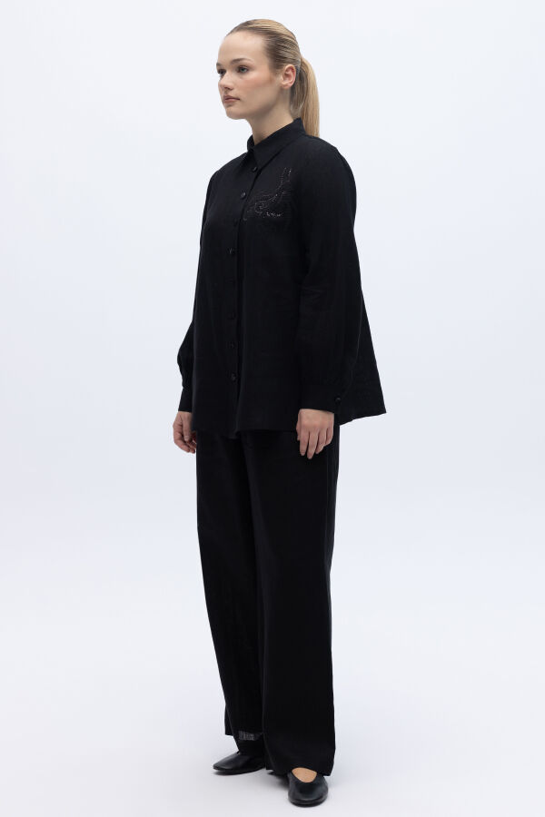 Pullu Nakışlı Keten Gömlek Siyah - 6