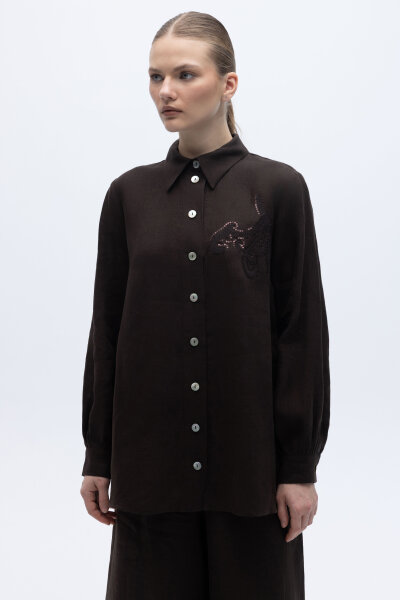 Pullu Nakışlı Keten Gömlek Kahverengi 