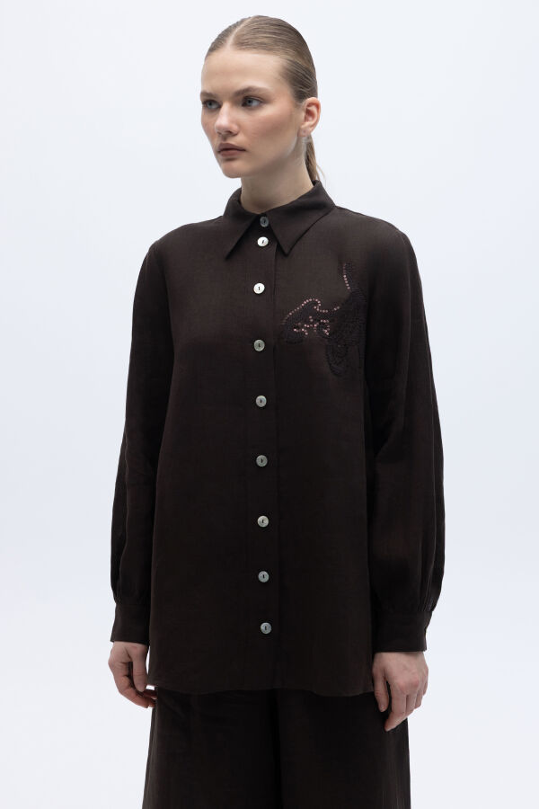 Pullu Nakışlı Keten Gömlek Kahverengi - 1