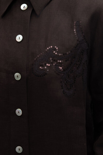 Pullu Nakışlı Keten Gömlek Kahverengi - 2