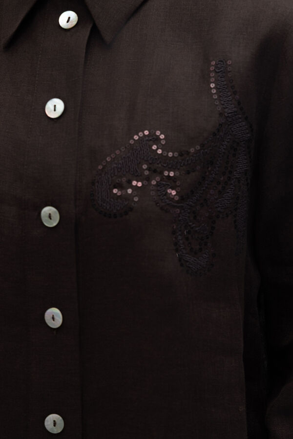 Pullu Nakışlı Keten Gömlek Kahverengi - 2