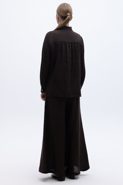 Pullu Nakışlı Keten Gömlek Kahverengi - 3