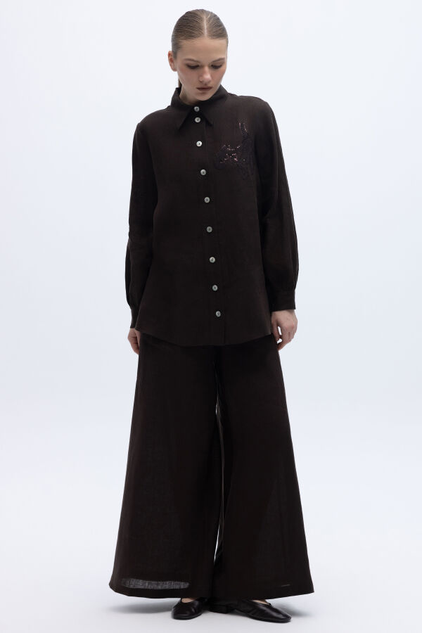 Pullu Nakışlı Keten Gömlek Kahverengi - 4