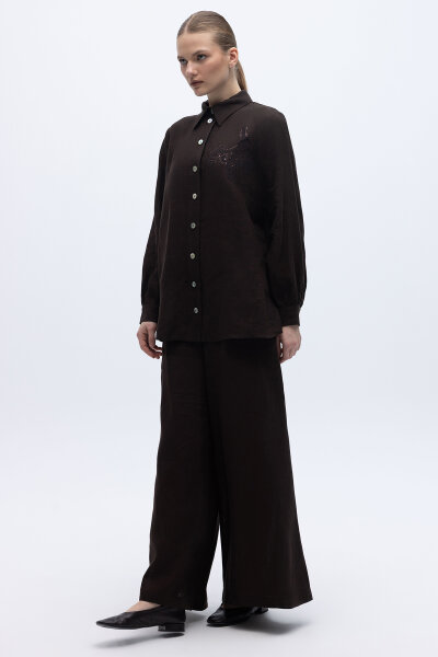 Pullu Nakışlı Keten Gömlek Kahverengi - 5